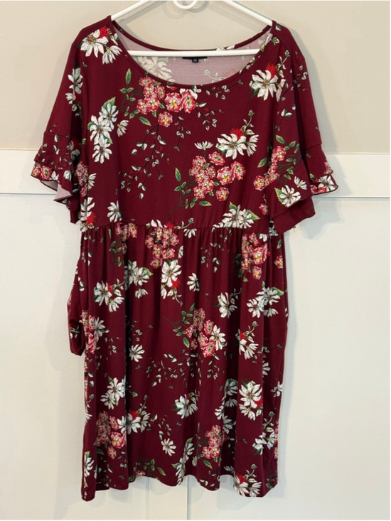 Tralilbee Dresses & Skirts - Tralilbee 2X Burgundy Floral Babydoll Dress Ruffle Sleeve Plus Size